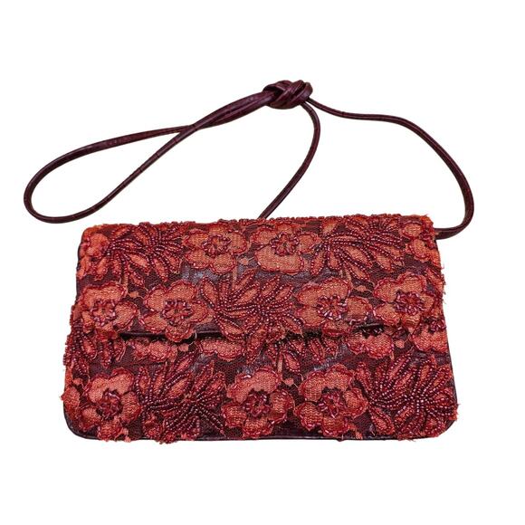 Red Floral Beaded Shoulder Bag Detailed Glossy Purse Multiple Compartments Pink - Picture 1 of 8
